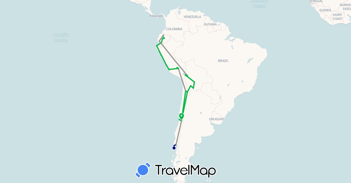 TravelMap itinerary: driving, bus, plane in Bolivia, Chile, Ecuador, Peru (South America)
